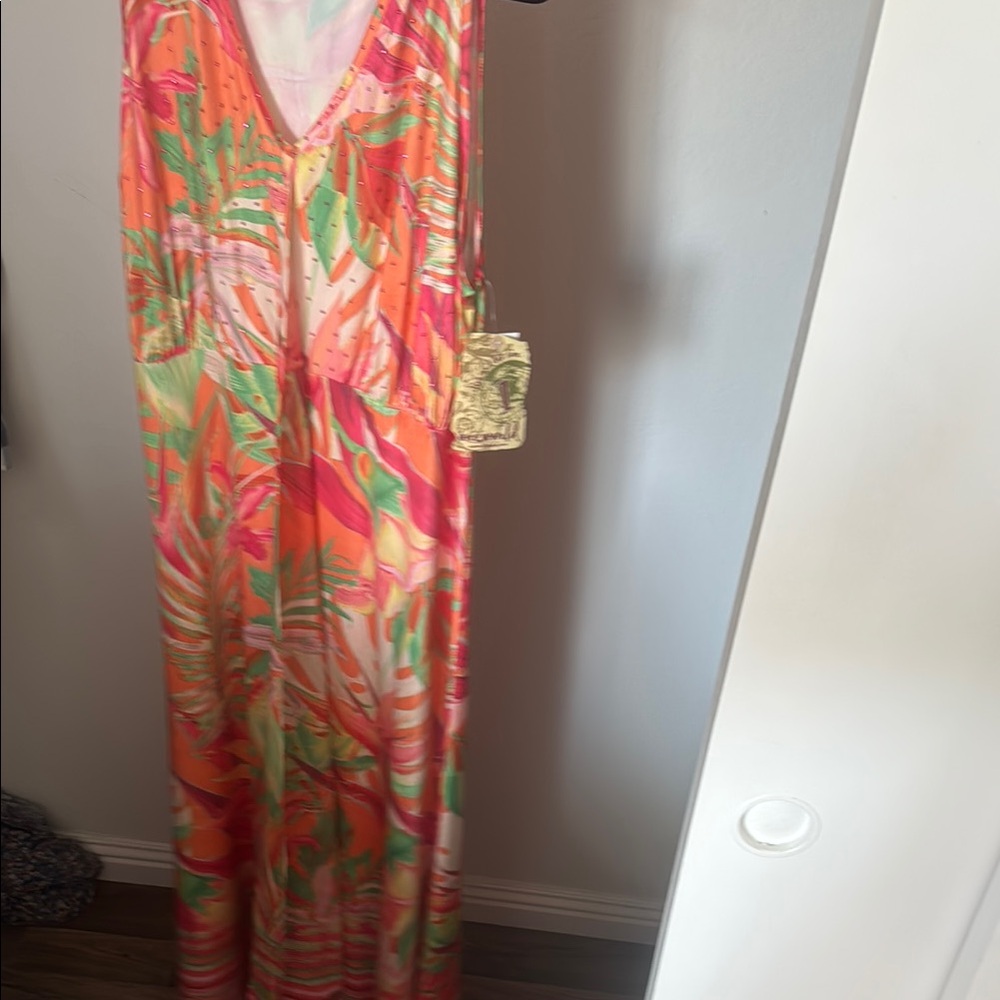 ONE WORLD Pink and Orange V-Neck Maxi Sundress